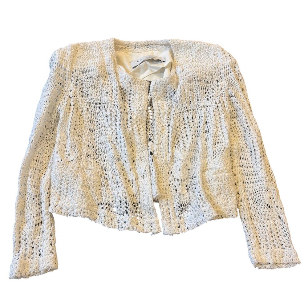 Iro Blazer Jacket Womens 38 FR Cream Cropped Crochet Knit Long Sleeve Open Front
